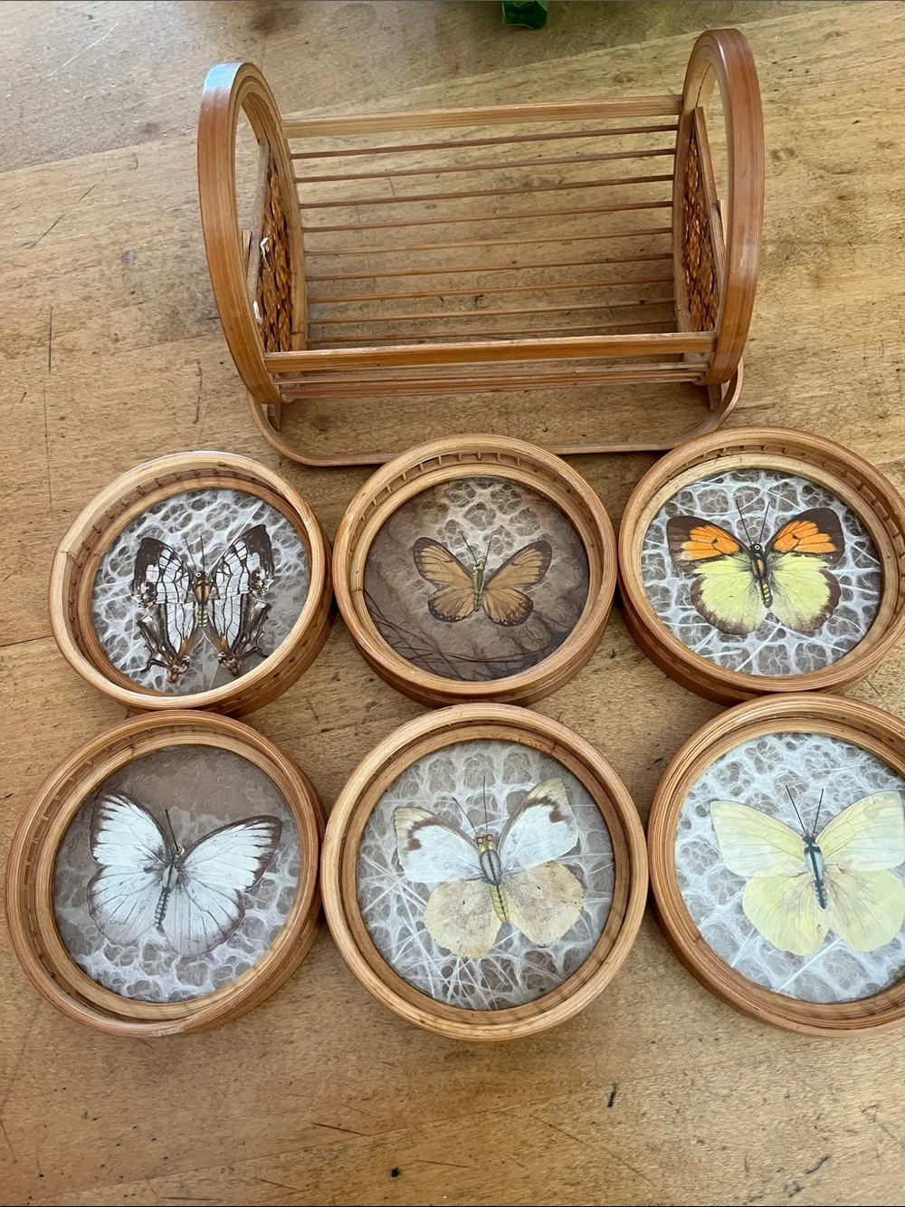 Vintage 1960s Retro Bamboo Butterfly Coaster Set six